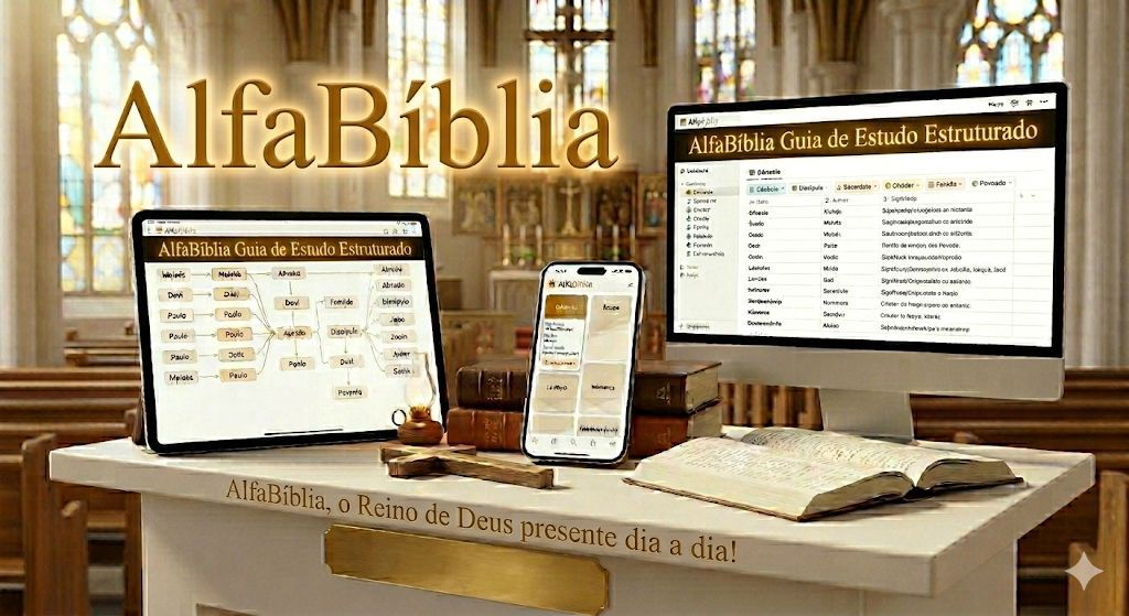 AlfaBíblia aberto exibindo Gênesis capítulo 1 sobre fundo escuro com tipografia dourada.